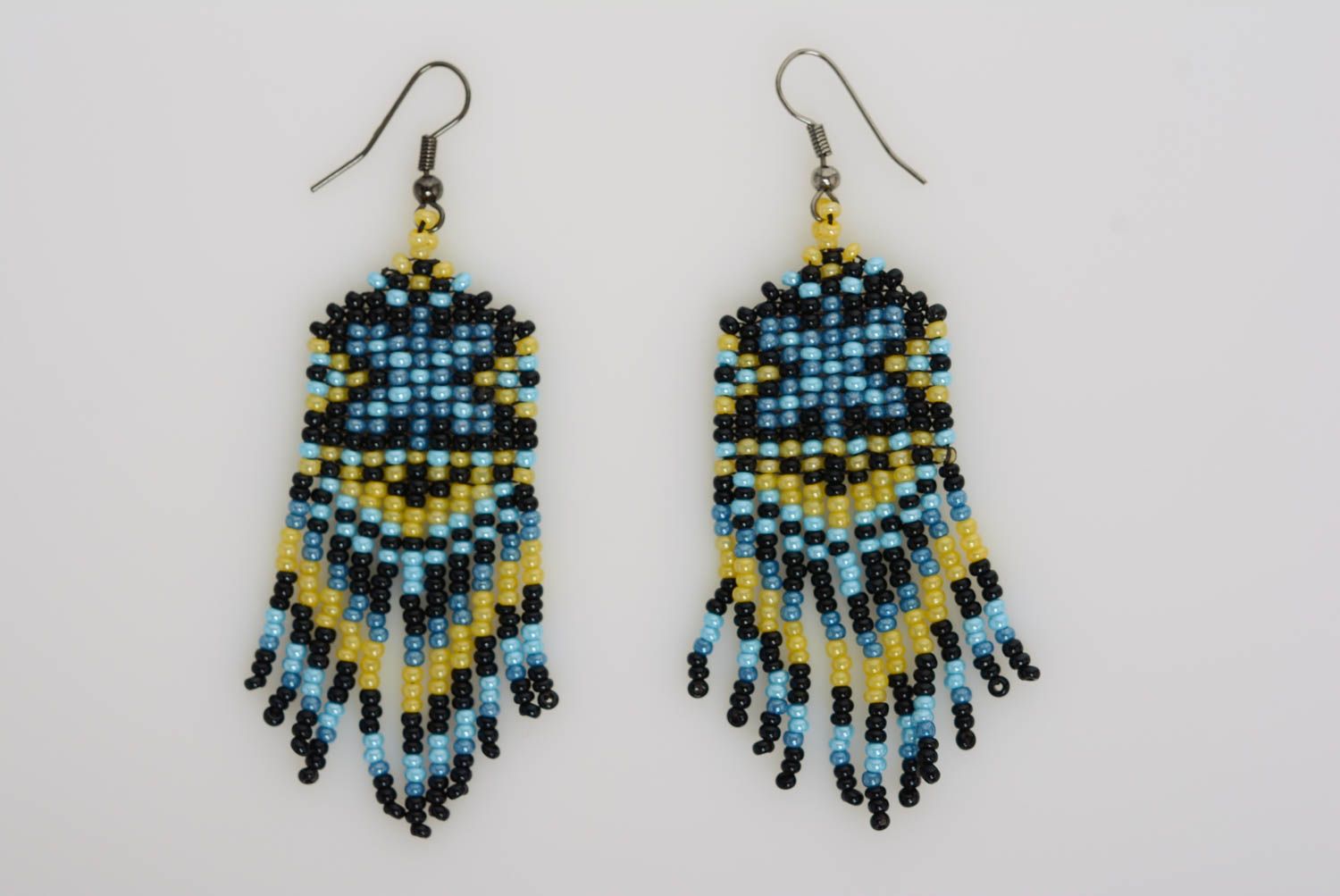 Small handmade designer earrings with beaded fringe and hook ear wires photo 4