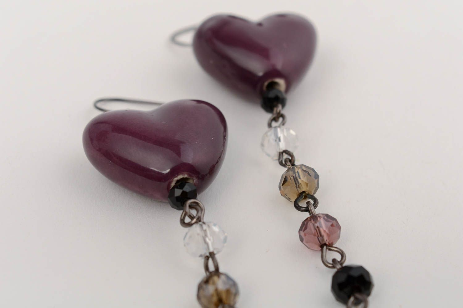 Handmade violet long dangle earrings with Czech crystal and ceramic beads photo 4