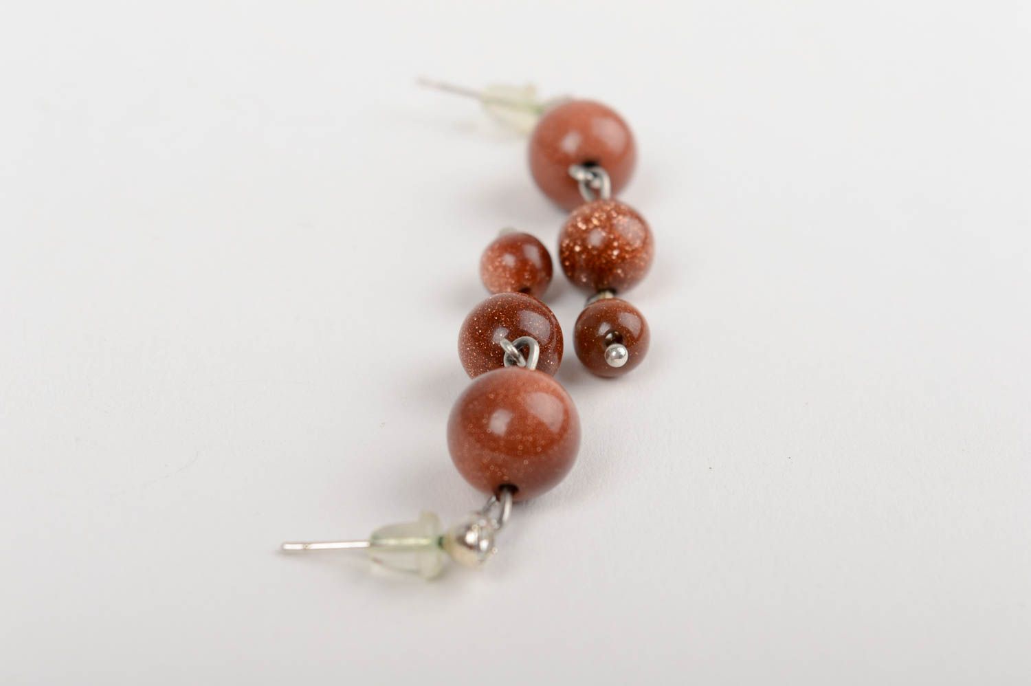 Handmade long dangle earrings with brown aventurine stone beads for ladies photo 3