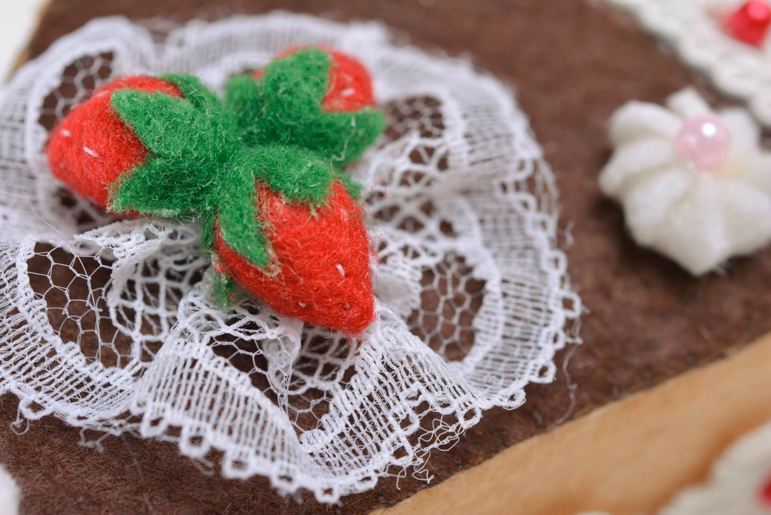 Handmade decorative designer pincushion sewn of felt and satin Chocolate Cake photo 2