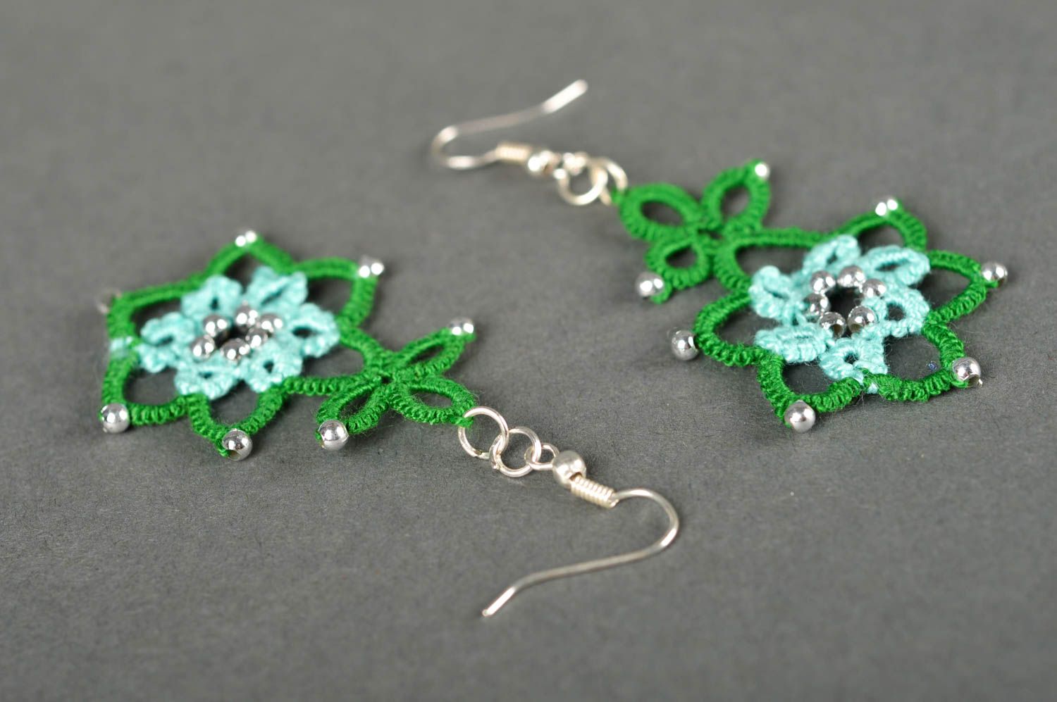 Handmade openwork earrings green elegant earrings cute tatting jewelry photo 5