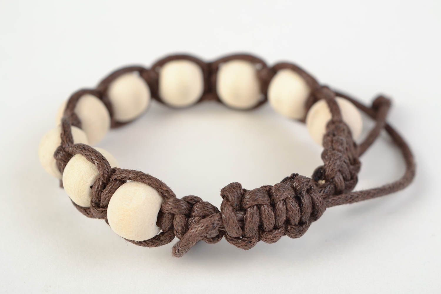 White and brown handmade woven cotton cord bracelet with beads photo 4