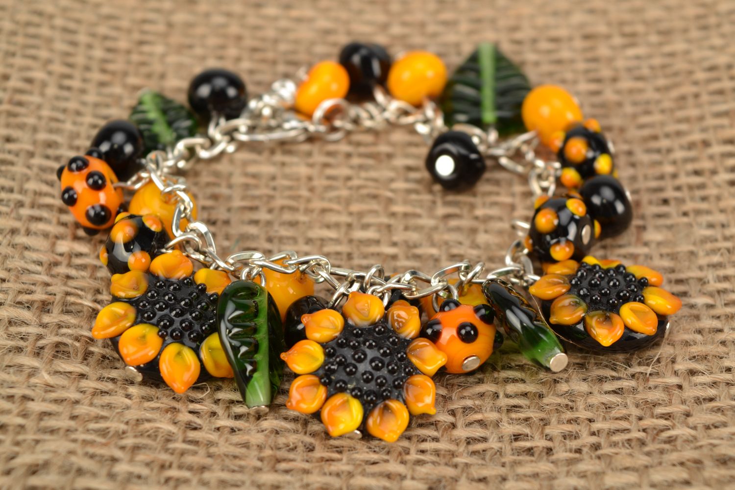 Wrist bracelet with lampwork glass beads Sunflowers photo 2