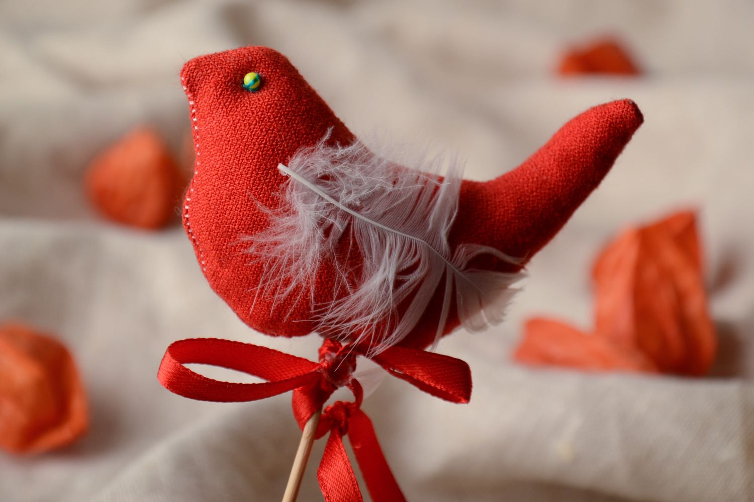 Red fabric bird on stick for flowerpot photo 1