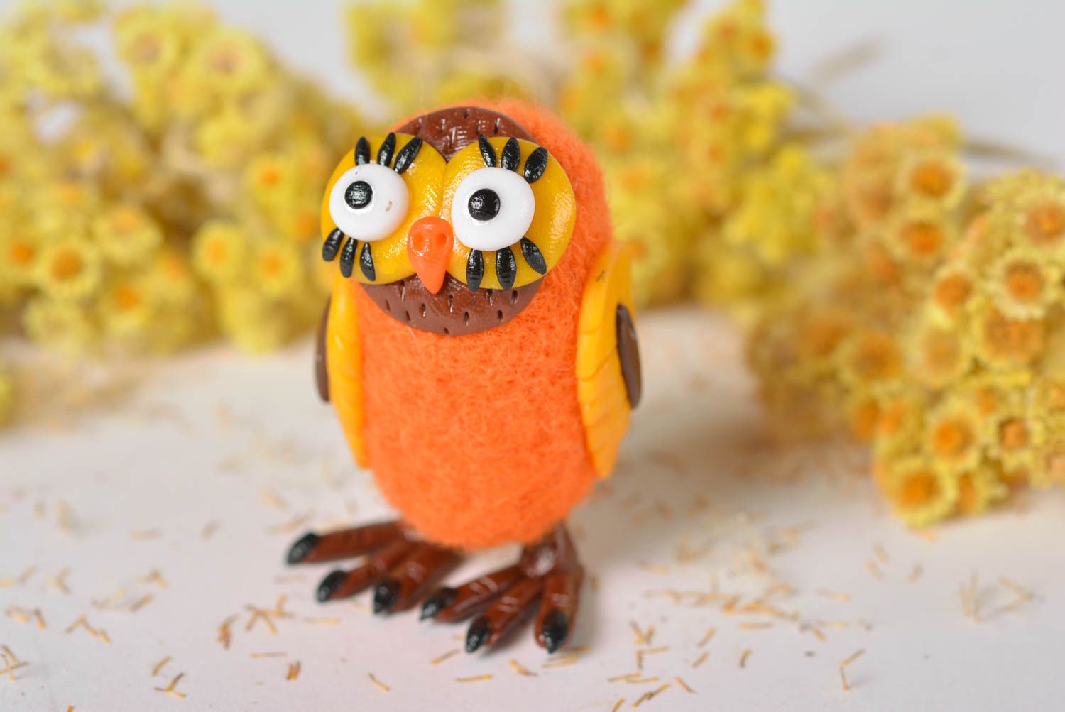 Handmade woolen toy designer statuette figurine made of clay orange owl photo 1