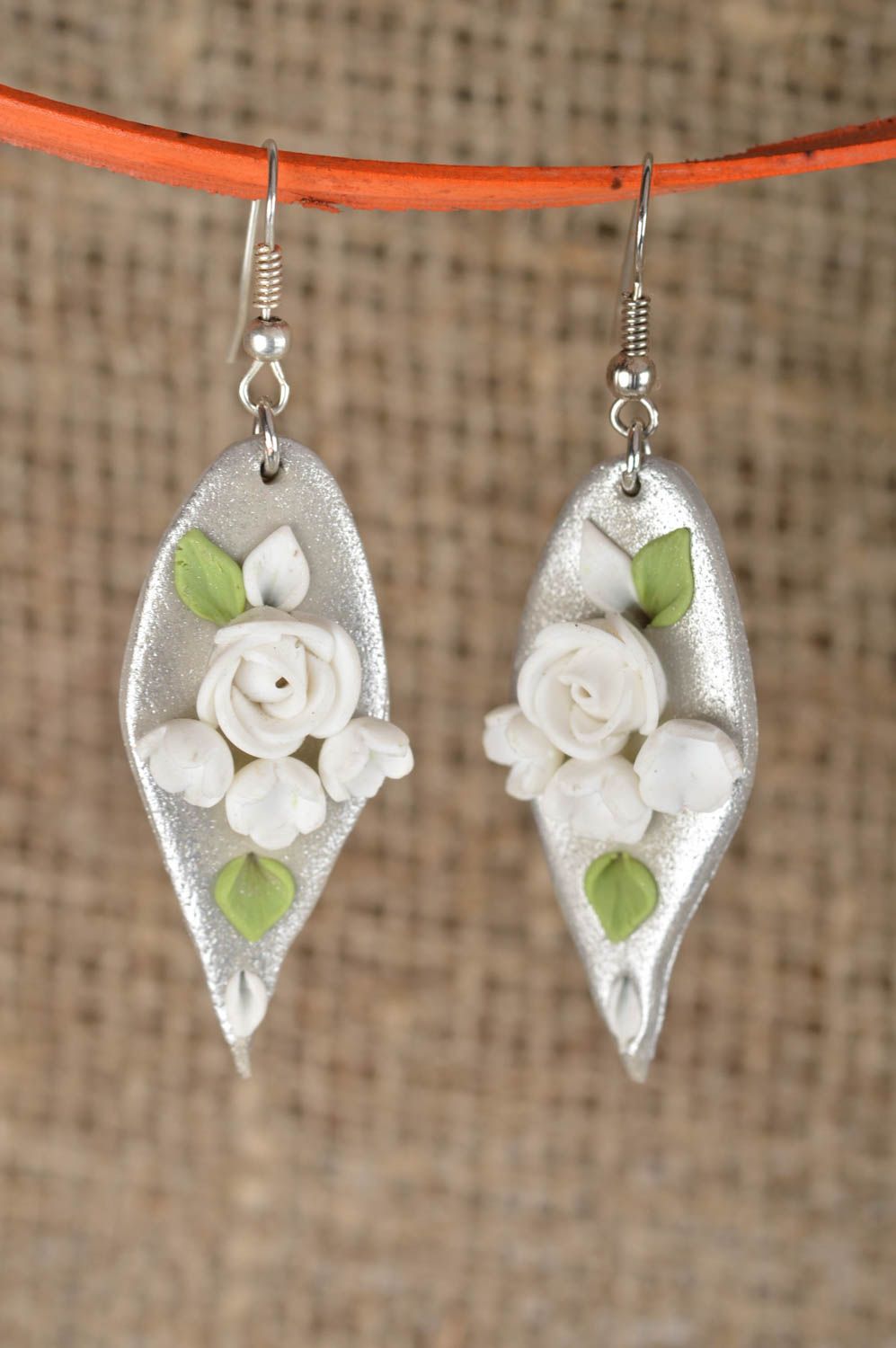 Polymer clay handmade stylish designer gray earrings with roses summer jewelry photo 1