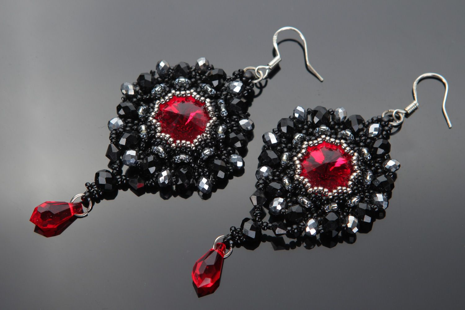 Handmade evening black beaded earrings with red charms for ladies of fashion photo 1