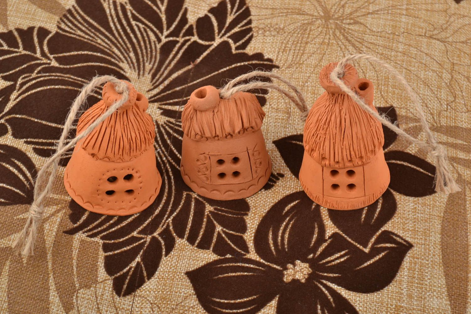 Set of 3 handmade designer molded brown clay bells in the shape of houses photo 1
