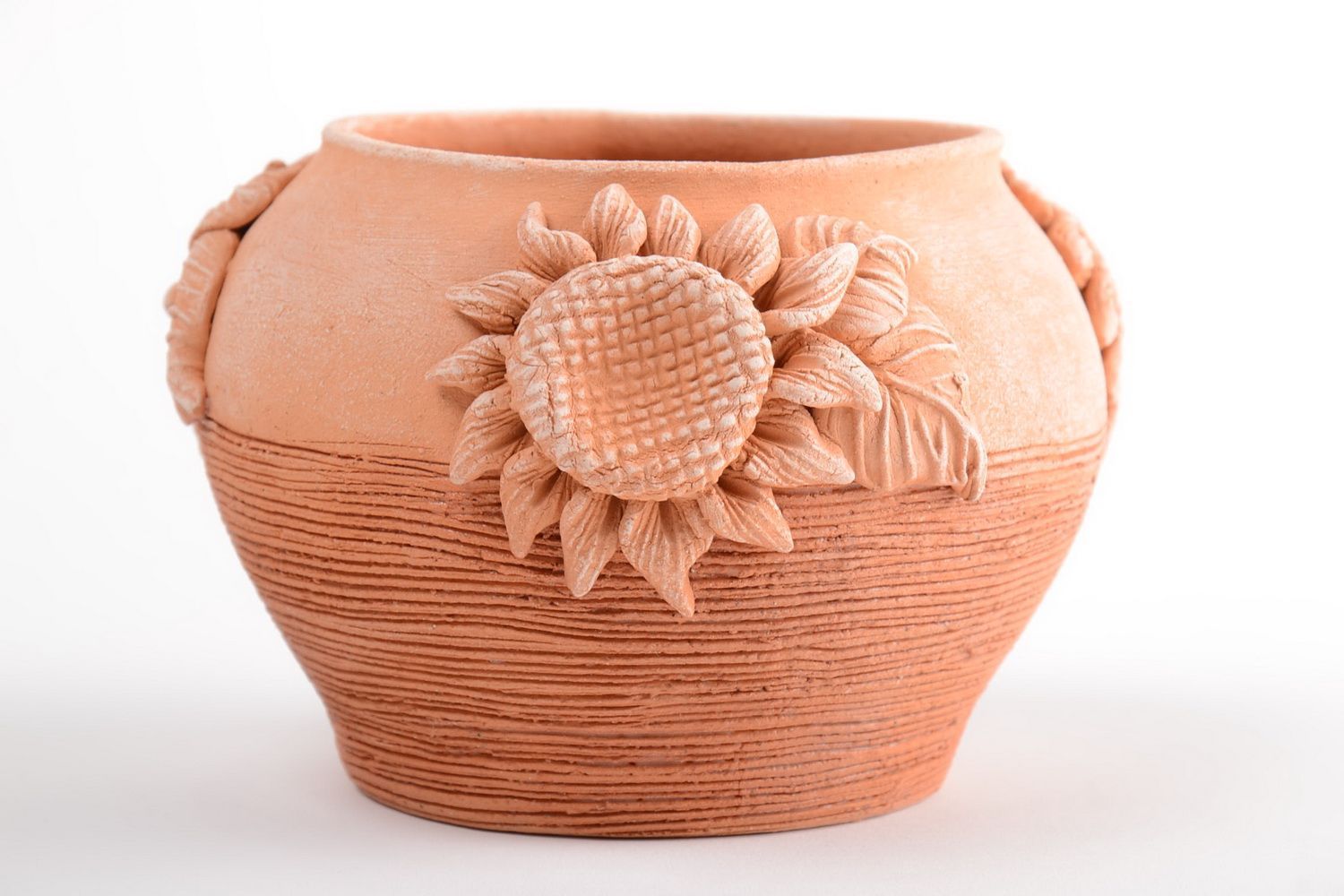 Origineller brauner Deko Topf aus Ton handmade 500 ml mit Relief Sonnenblumen foto 2