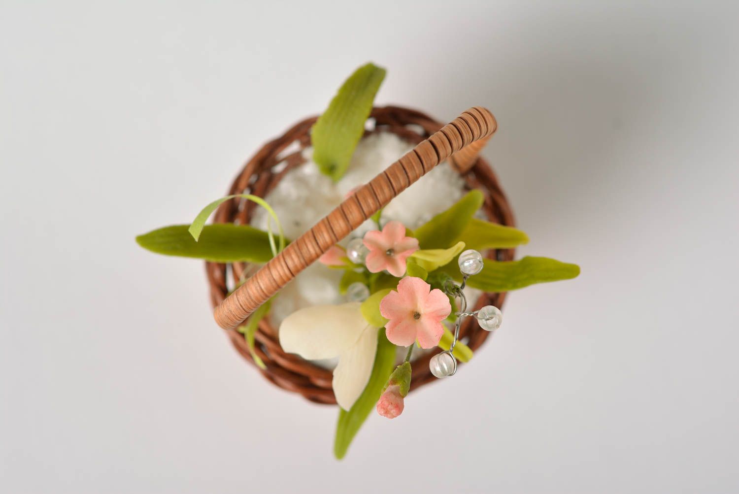 Handmade designer brooch with polymer clay field flowers in small basket photo 5