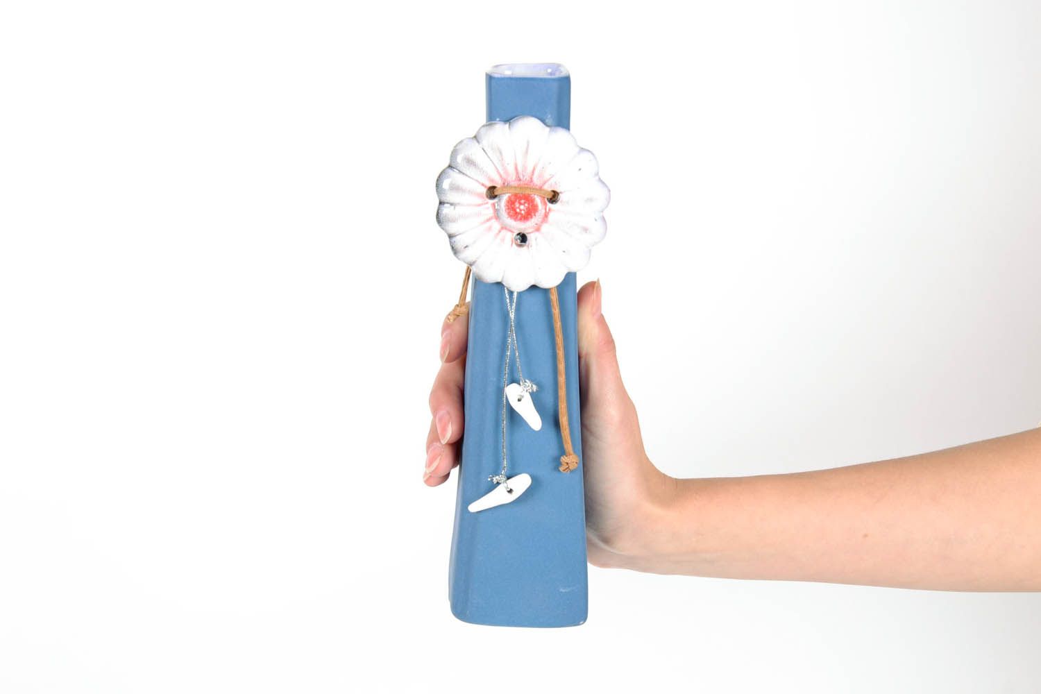 9 inches tall square blue color ceramic handmade vase with white flower 0,88 lb photo 2