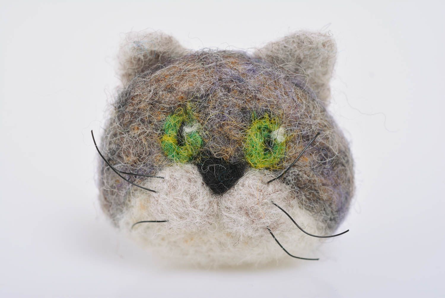 Handmade designer small funny animal brooch felted of wool head of gray cat photo 1