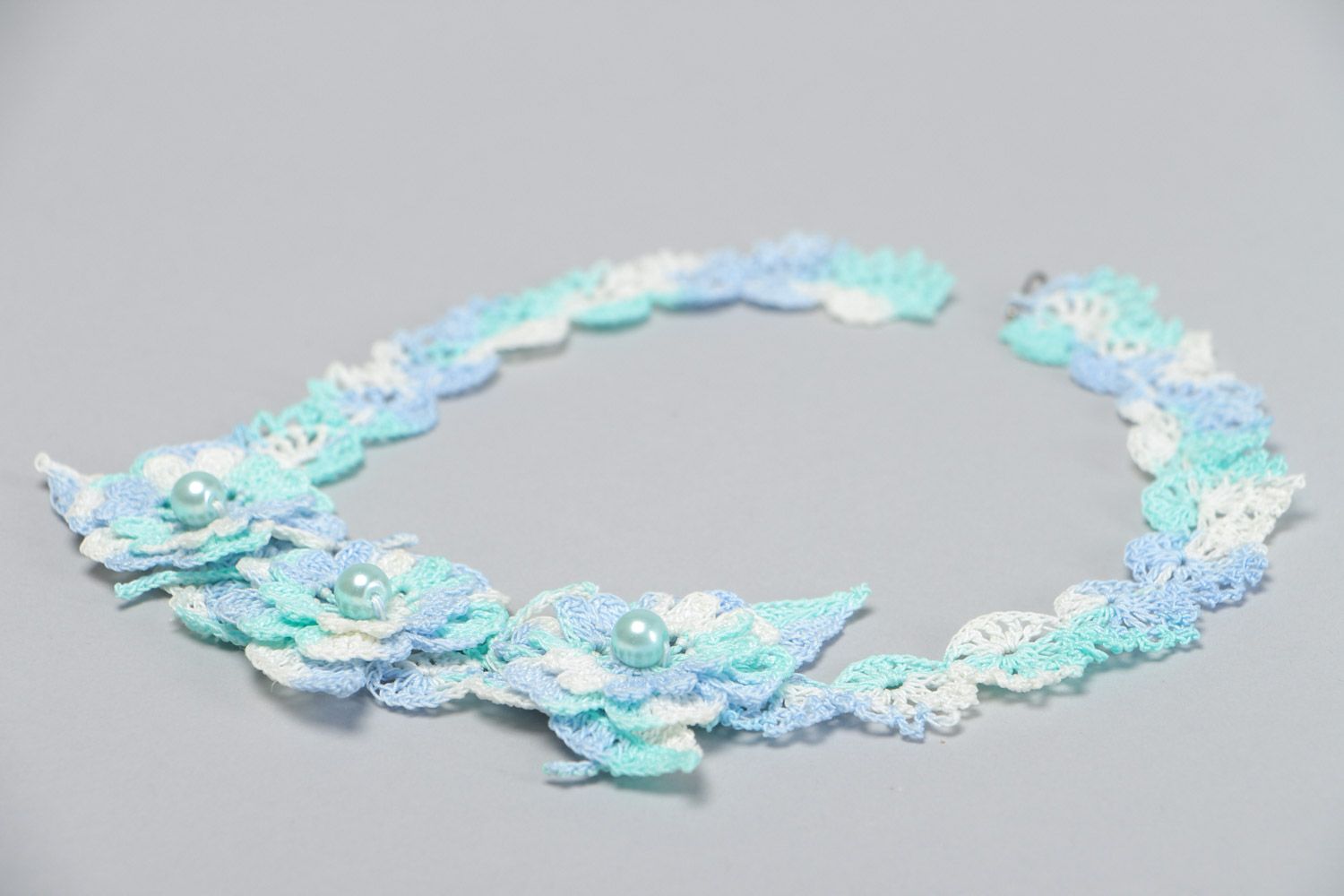 Handmade tender floral necklace crocheted of blue cotton threads with beads photo 3