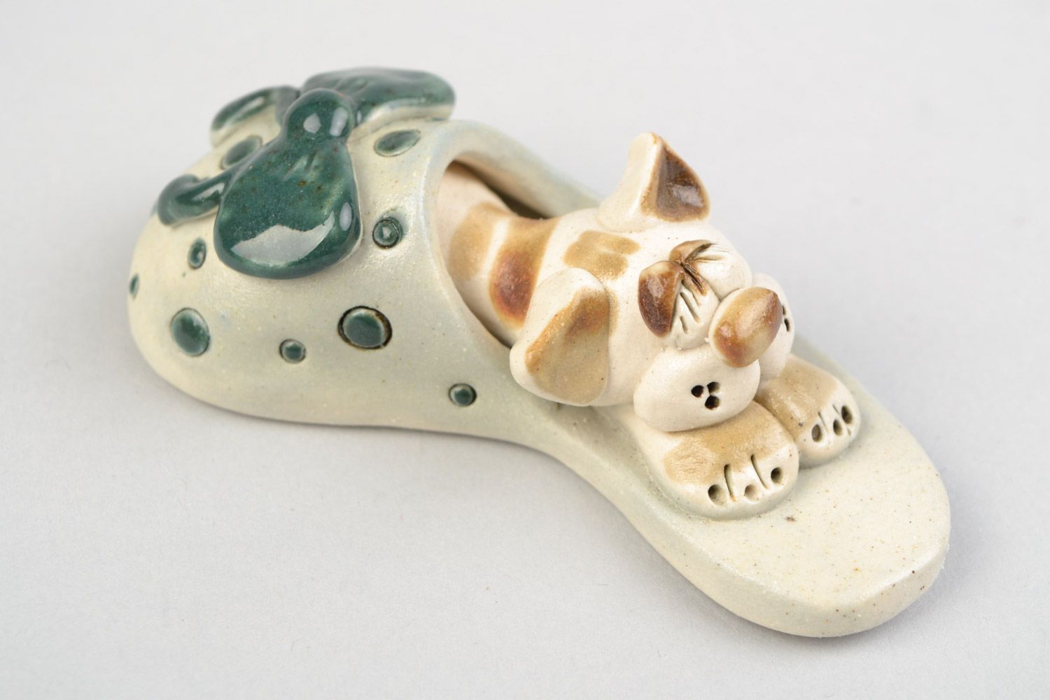 Handmade designer ceramic figurine of cat in slipper painted with colorful glaze photo 1