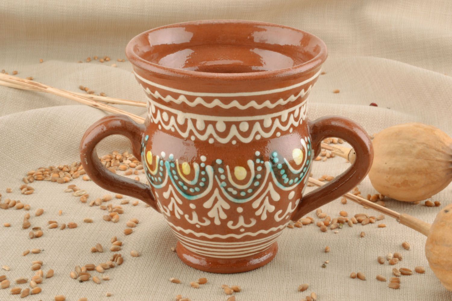 12 oz ceramic jug pot with two handle and paintings 0,76 lb photo 1