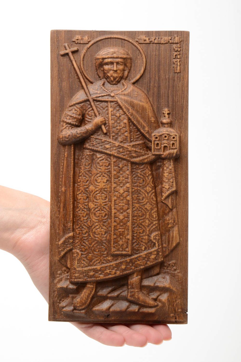 Резная деревянная икона ручной работы с металлическим креплением святой благоверный князь Ярослав Мудрый фото 5