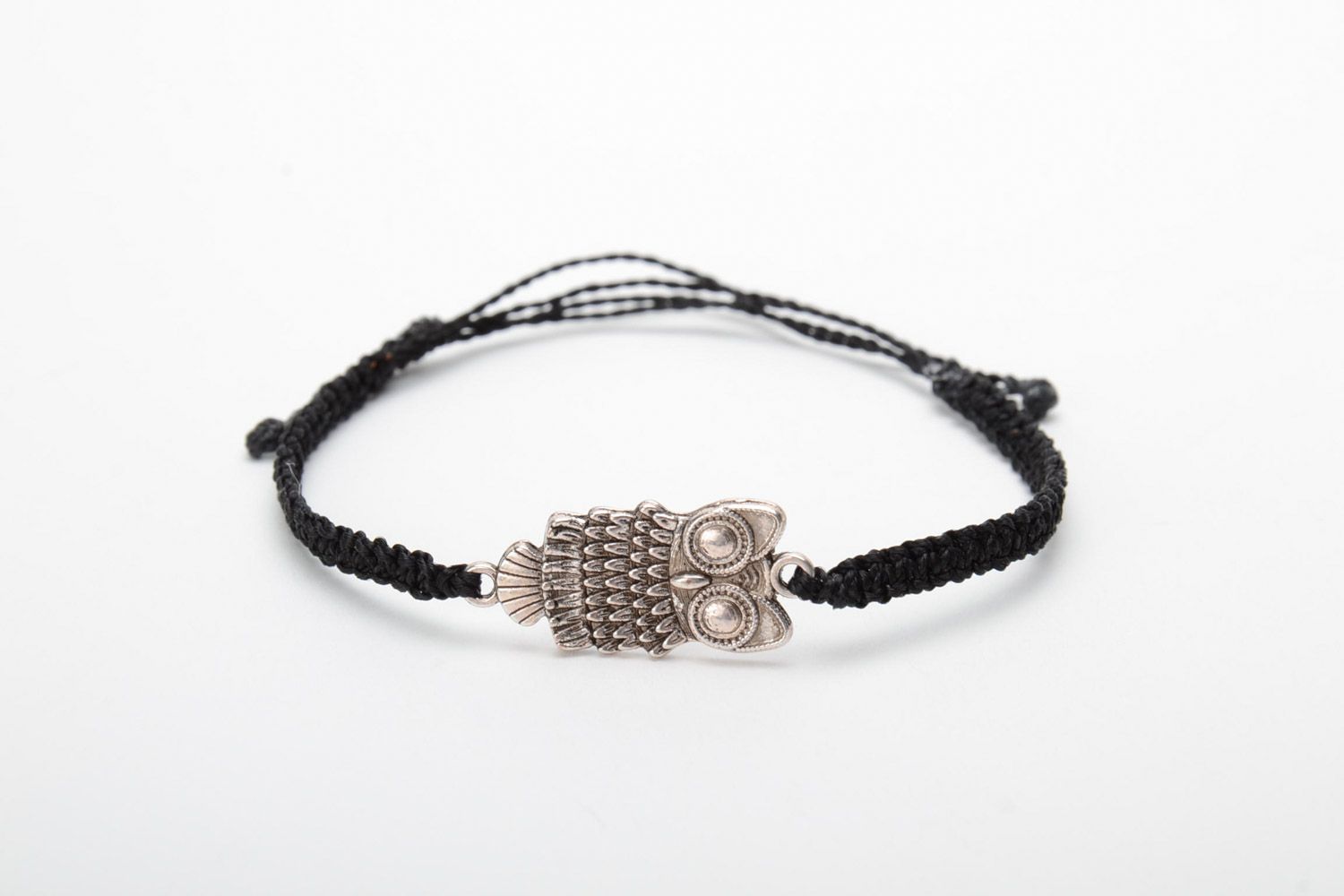 Handmade black woven capron thread wrist bracelet with metal charm in the shape of owl photo 5