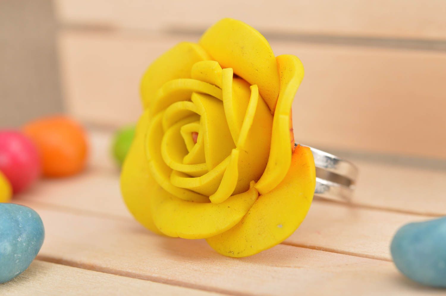 Handmade designer ring made of polymer clay in shape of volume yellow rose photo 1