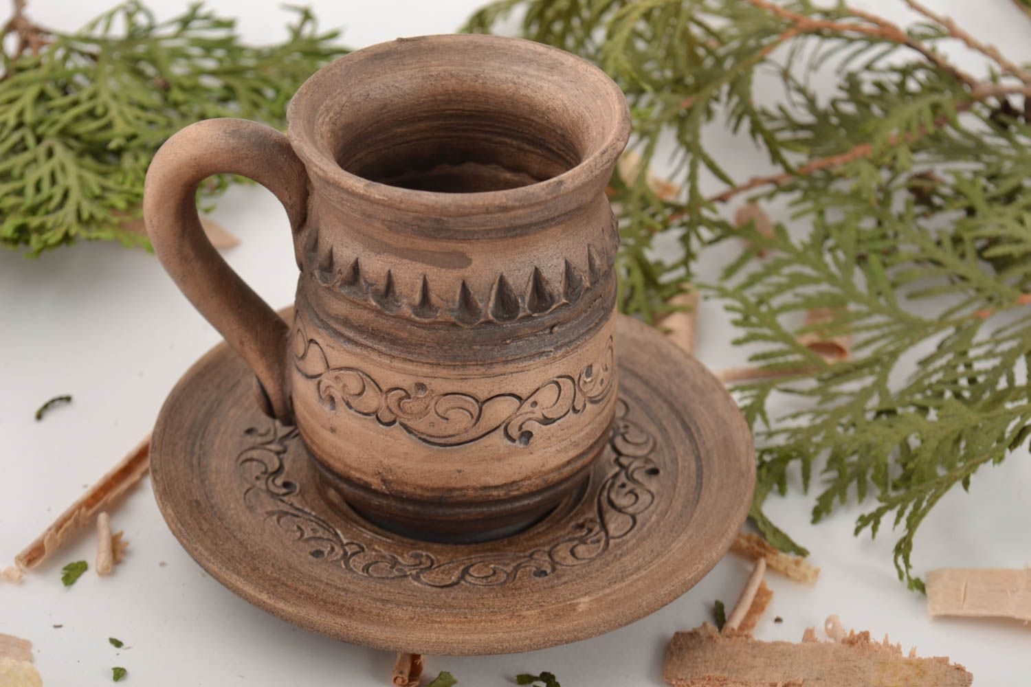 Tasse avec soucoupe en argile faites main 15 cl ethniques poterie originale photo 1