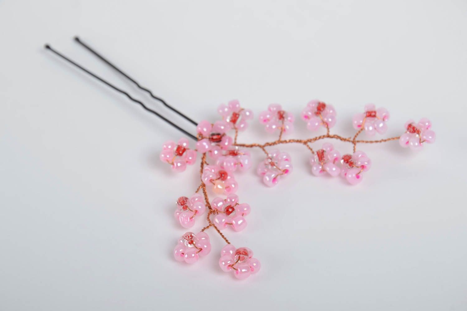 Handmade metal hair pin decorated with tender pink beaded flowers on wire basis photo 3