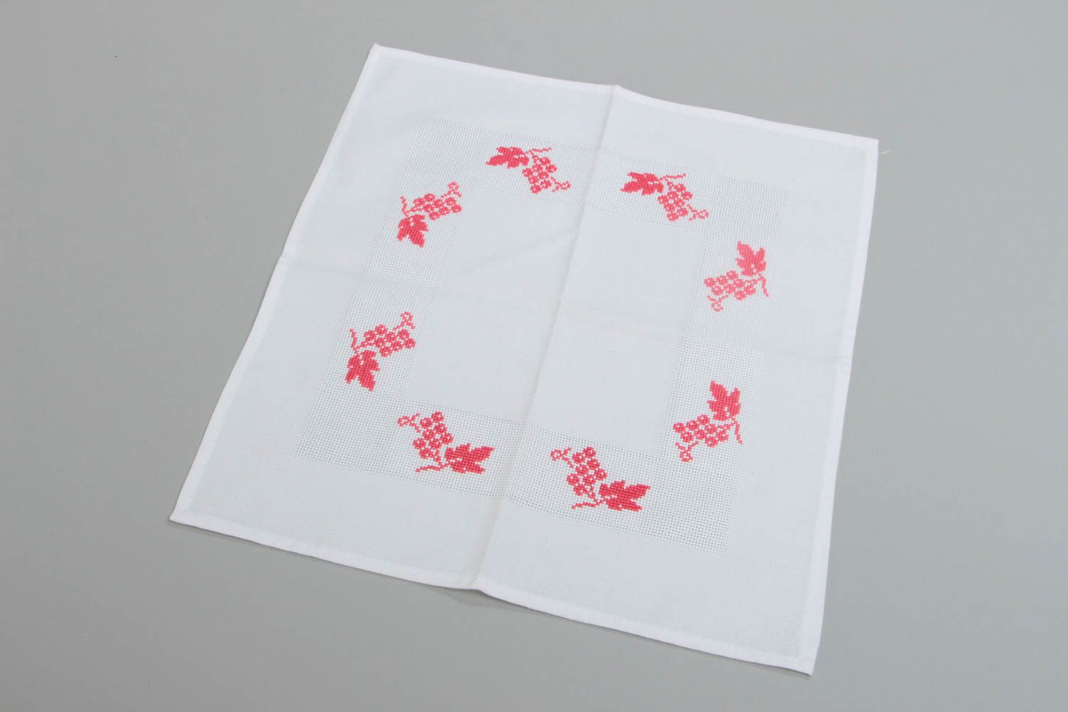 Handmade designer decorative white napkin with cross stitch embroidery Grape photo 2
