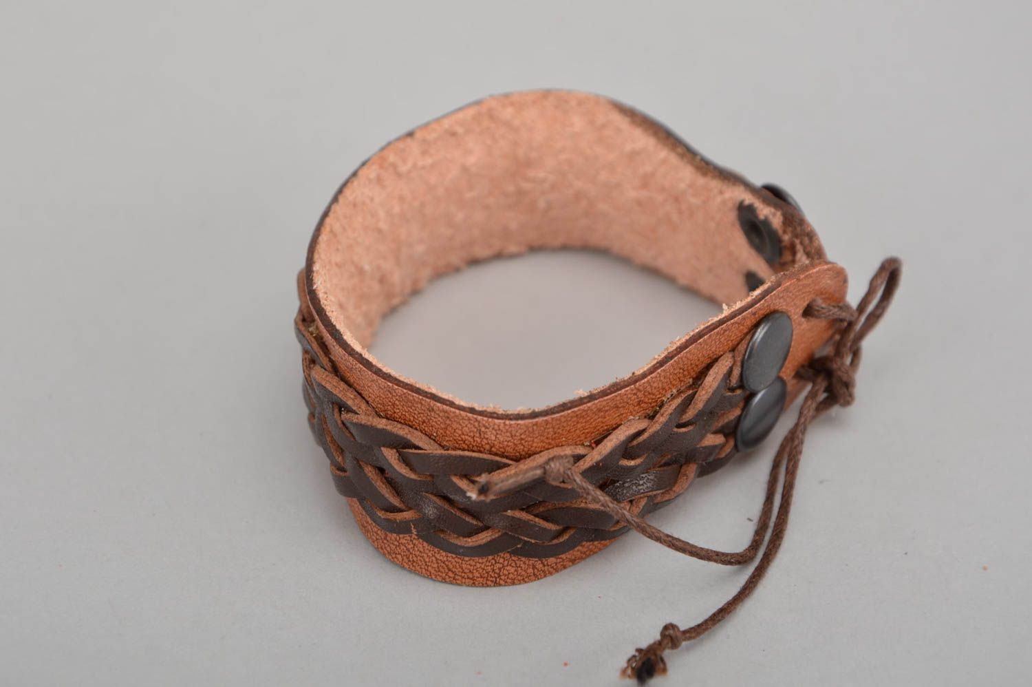 Handmade designer dark brown natural leather wide wrist bracelet with rivets photo 5
