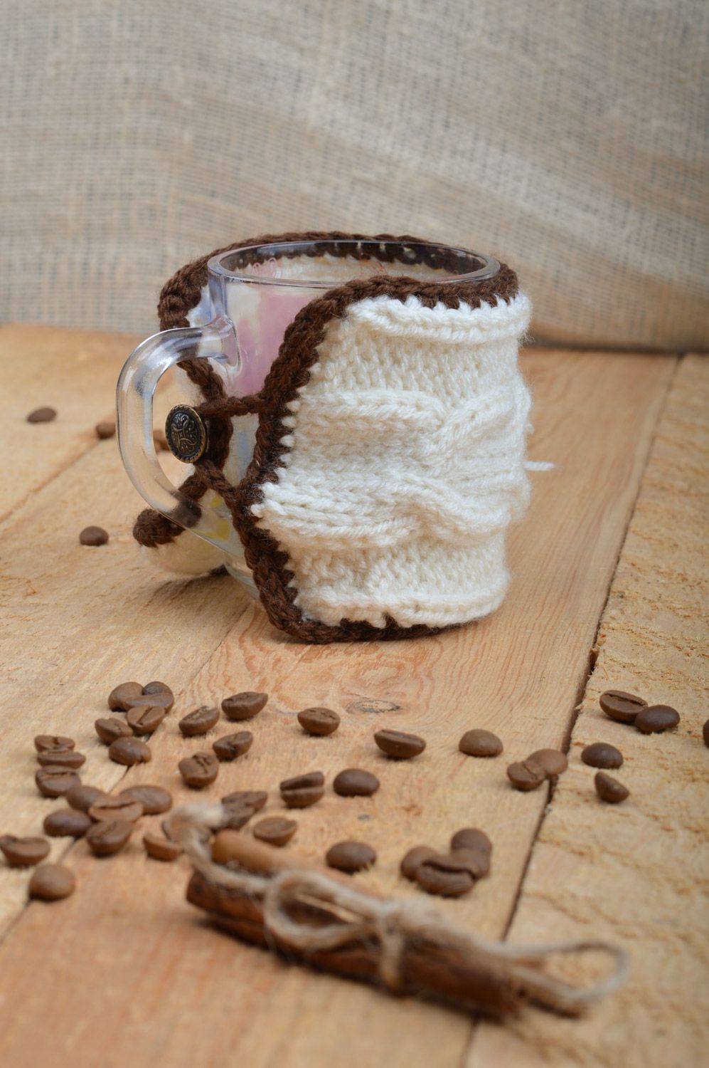 Cute handmade cup cozy knitted of white woolen threads with tiny metal lock photo 5
