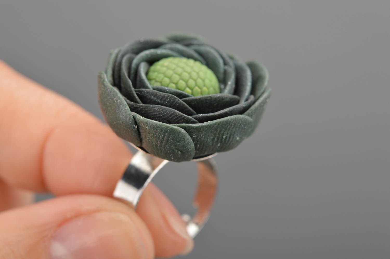 Handmade unusual ring made of polymer clay in form of green peony adjustable photo 2