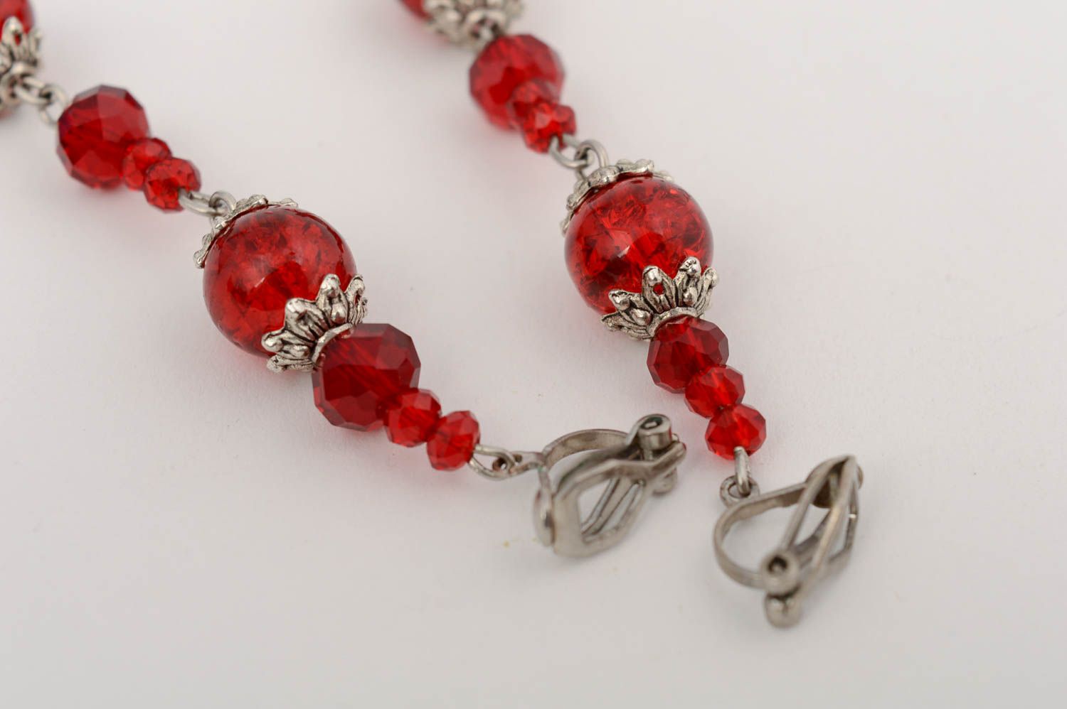 Handmade designer long dangle earrings with red Czech crystal and glass beads photo 3
