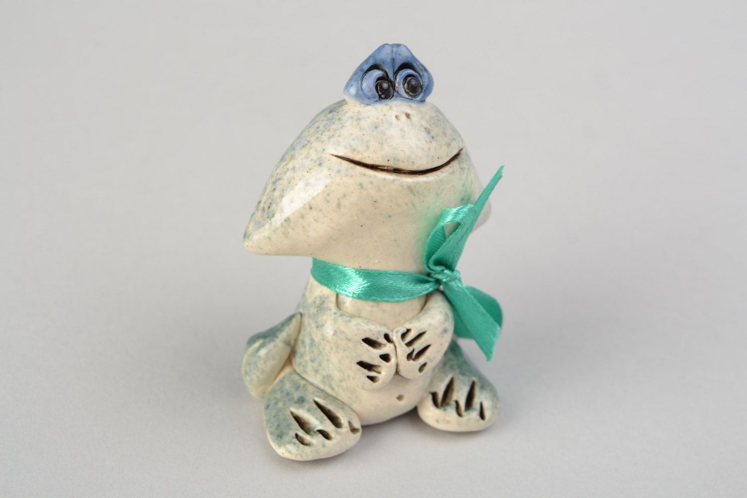 Handmade designer cute ceramic figurine of frog boy painted with colorful glaze photo 1
