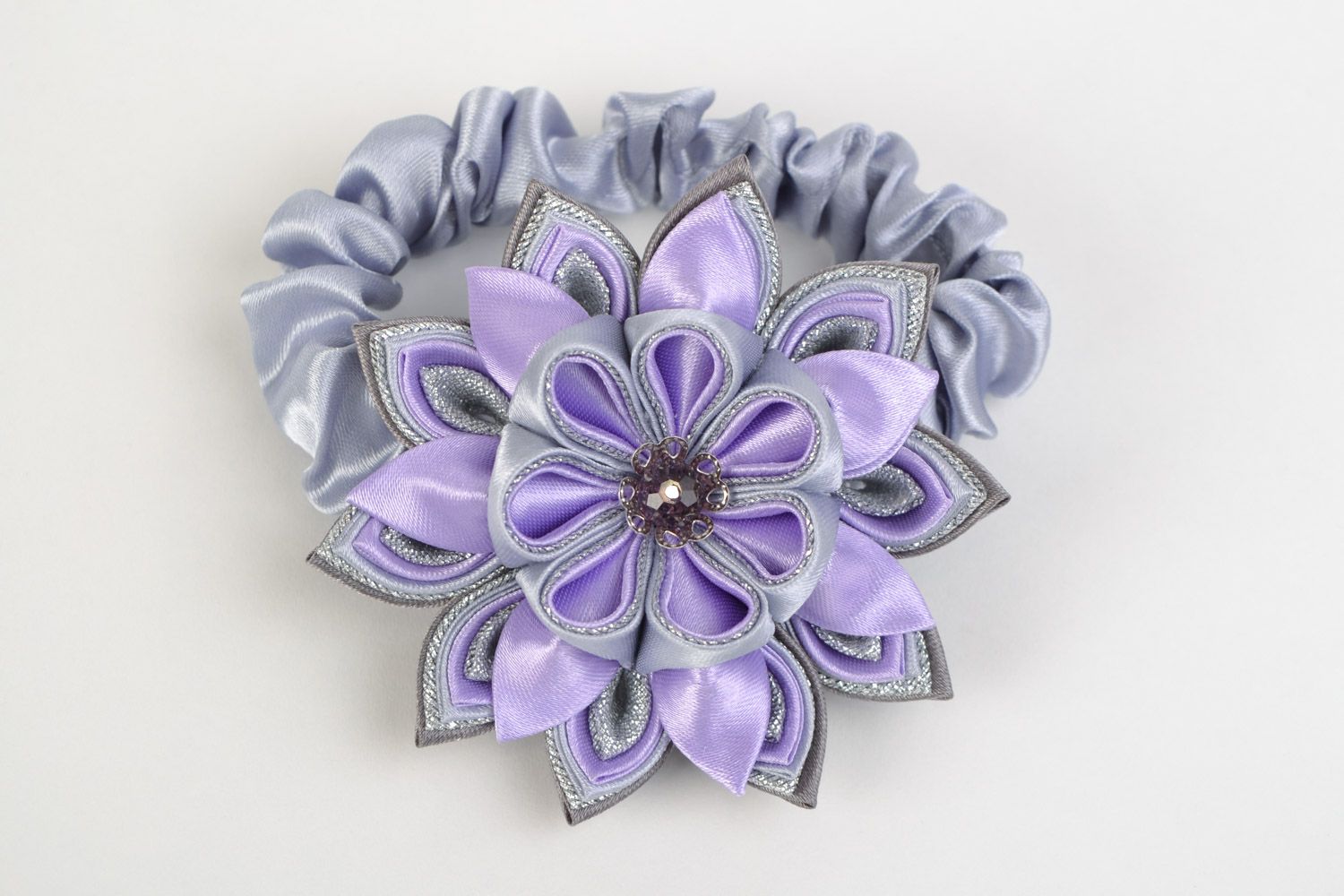 Large handmade kanzashi flower hair tie of lilac and gray colors photo 3