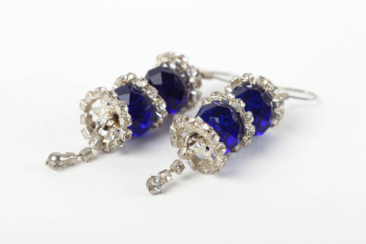 Boucles d'oreilles pendantes Bijou fait main bleues avec cristal Cadeau femme photo 3