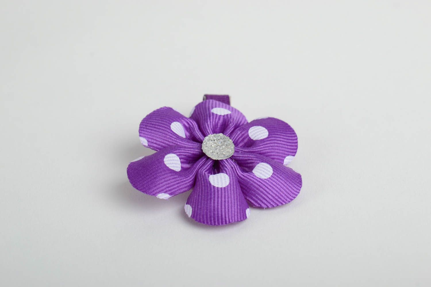 Handmade hair clip with metal basis and violet ribbon flower with rhinestone photo 4