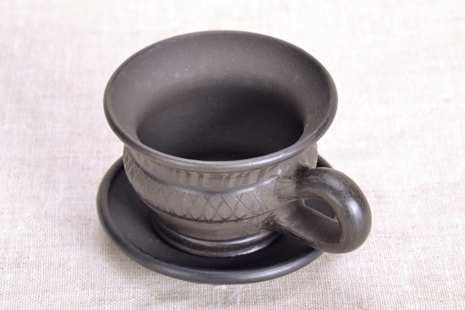 Black natural lead-free clay cup with handle and saucer  photo 3