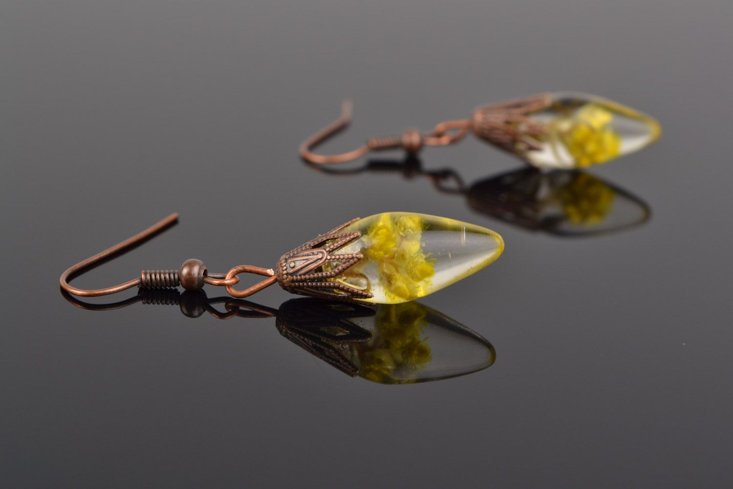 Handmade long drop earrings with helichrysum coated with epoxy photo 3