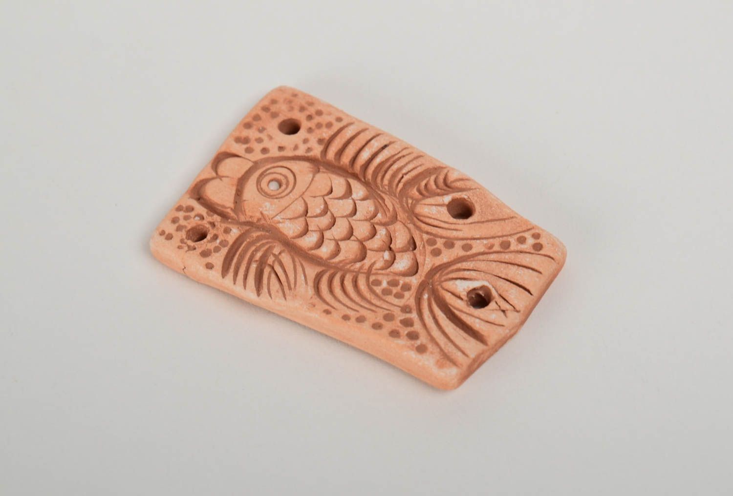 Handmade rectangular unpainted flat ceramic pendant with embossed fish pattern  photo 4