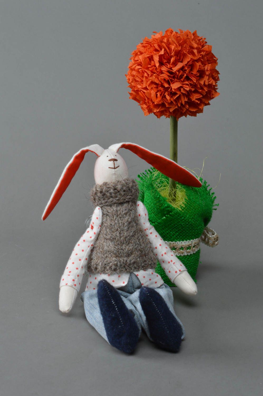 Handmade designer fabric soft toy white rabbit in jeans and gray knit sweater  photo 1