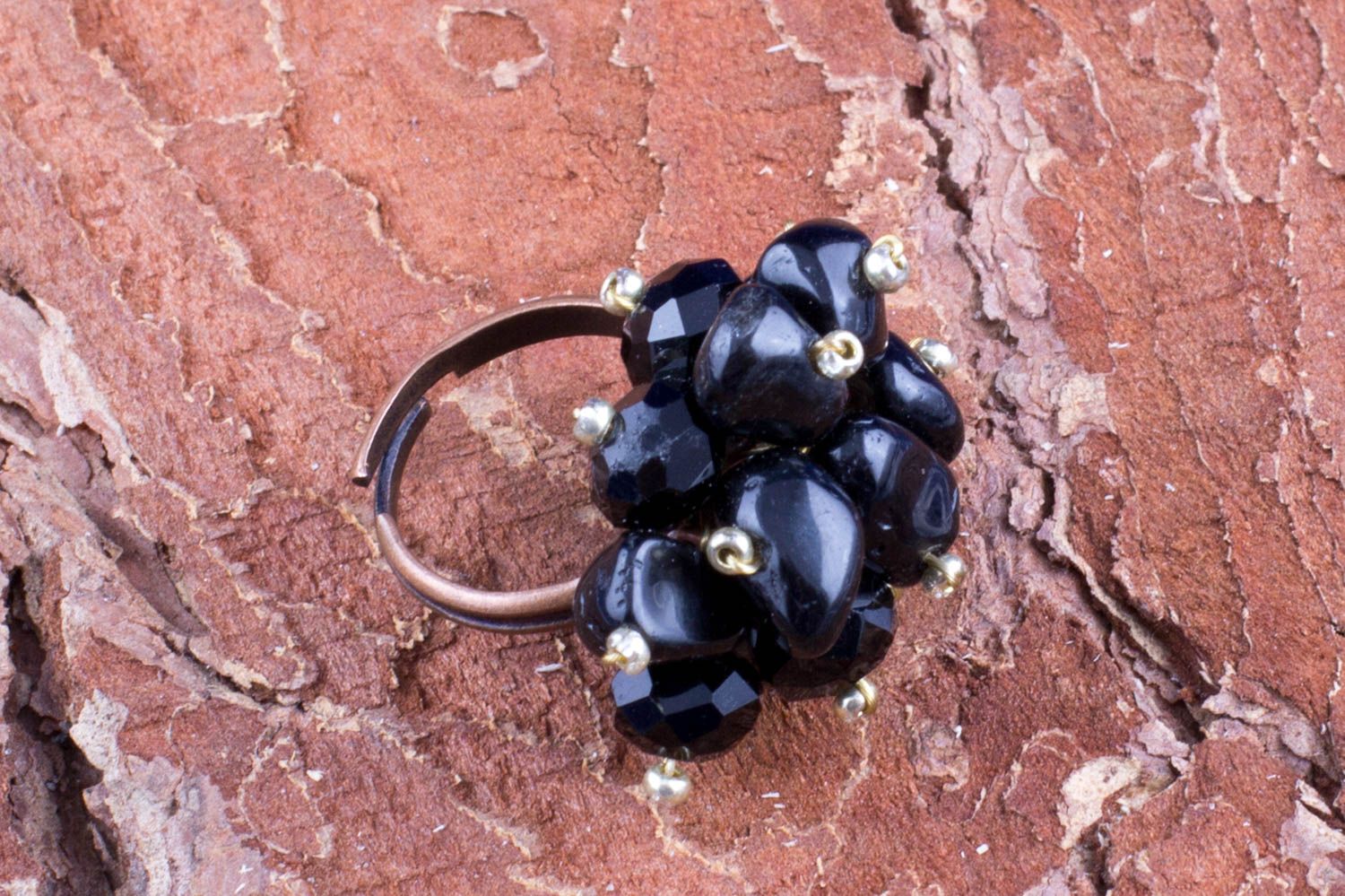 Оригинальное кольцо из хрусталя и агата черное ручной работы для женщин подарок фото 5