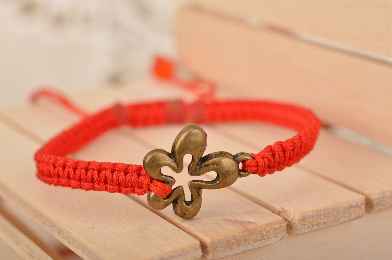 Beautiful red handmade designer woven silk bracelet with metal insert photo 1