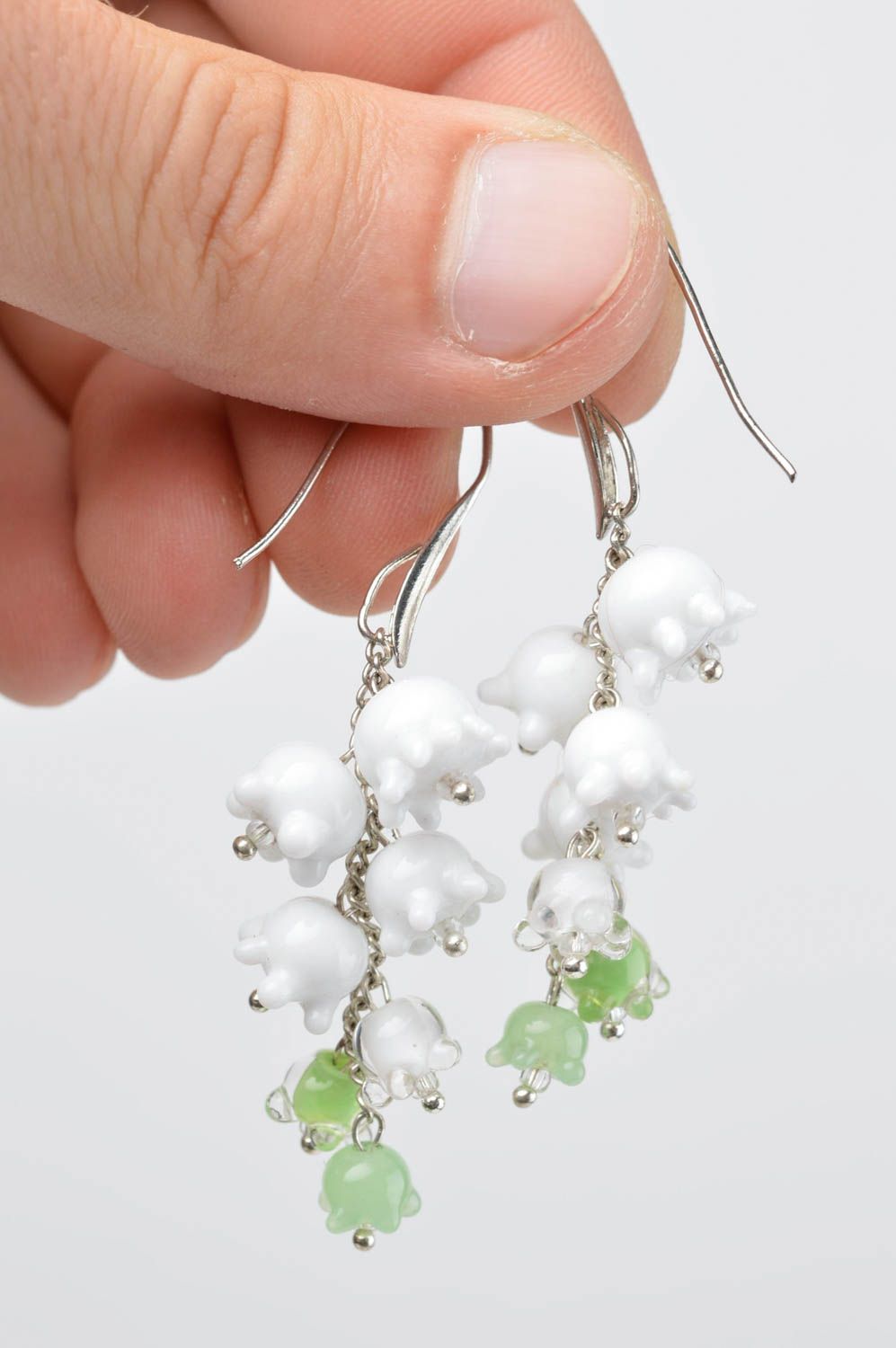 White elegant earrings handmade earrings with charms stylish glass jewelry  photo 3