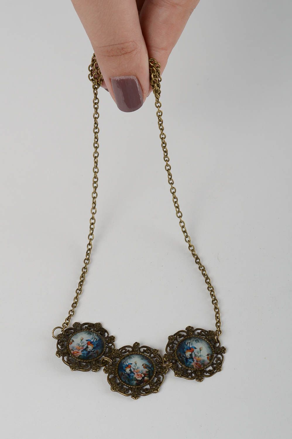 Handmade designer necklace metal decoupage necklace elegant accessory photo 5