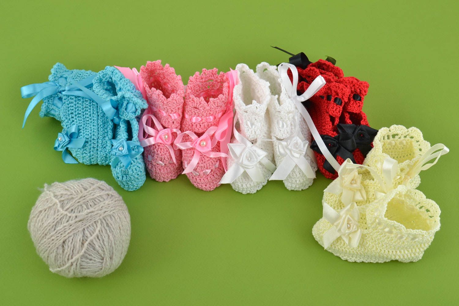 Set of beautiful handmade designer colorful crochet baby booties 5 pairs photo 1