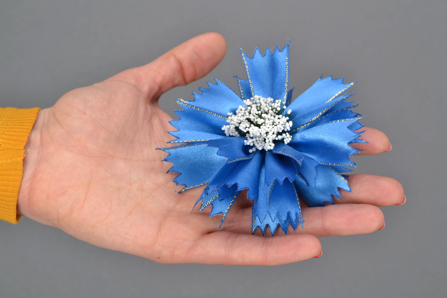Fleur en rubans de satin originale faite main Bleuet photo 2