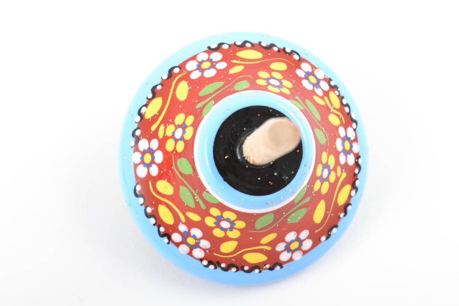 Handmade small wooden spinning top toy painted brightly with eco dyes for kids photo 3