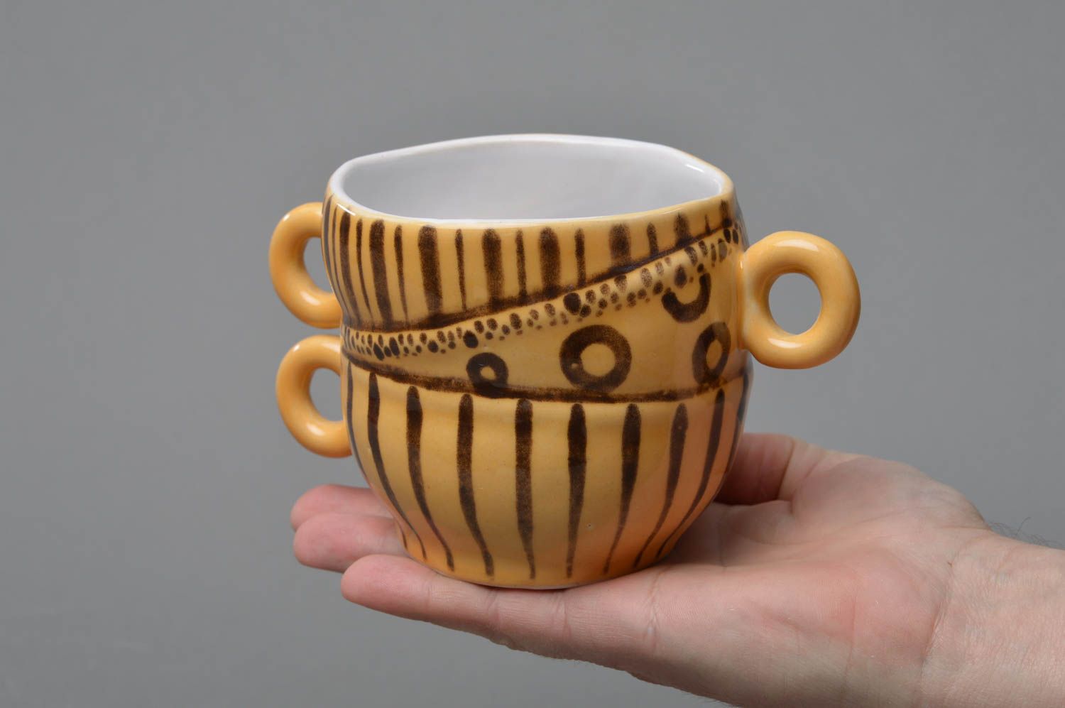 Art ceramic glazed 5 oz coffee cup in yellow and brown colors with three handles  photo 4