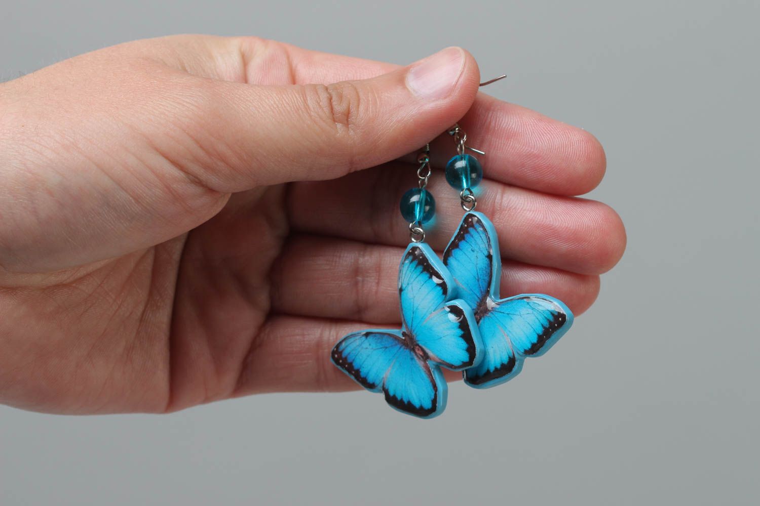 Unusual bright blue handmade polymer clay earrings in the shape of butterflies for summer photo 5