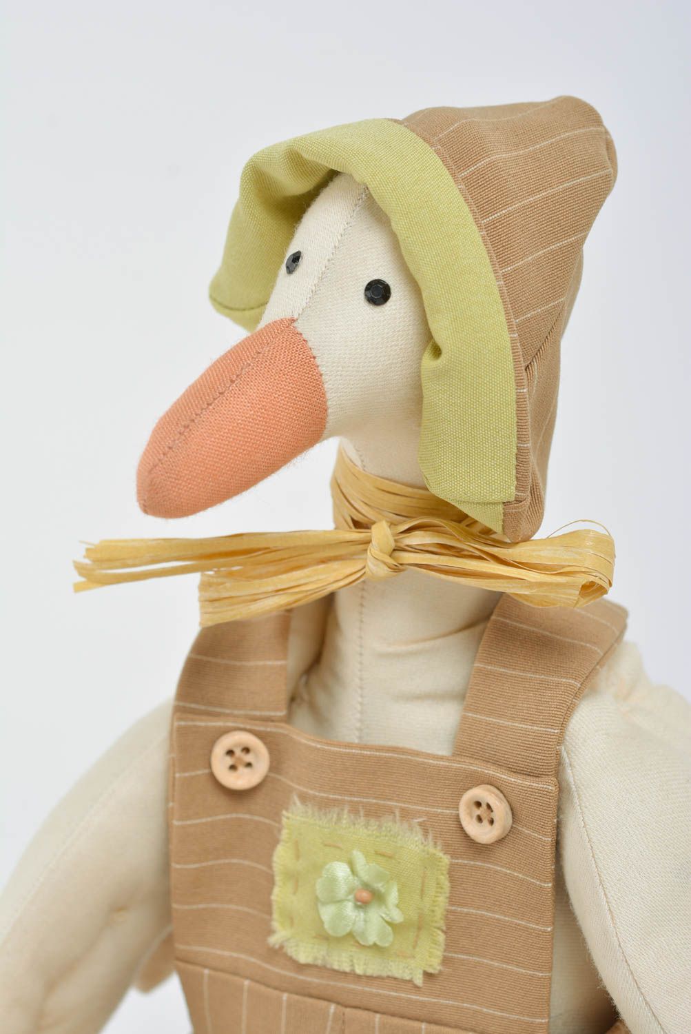 Handmade designer interior fabric soft toy Goose in brown clothes with straw bow photo 2