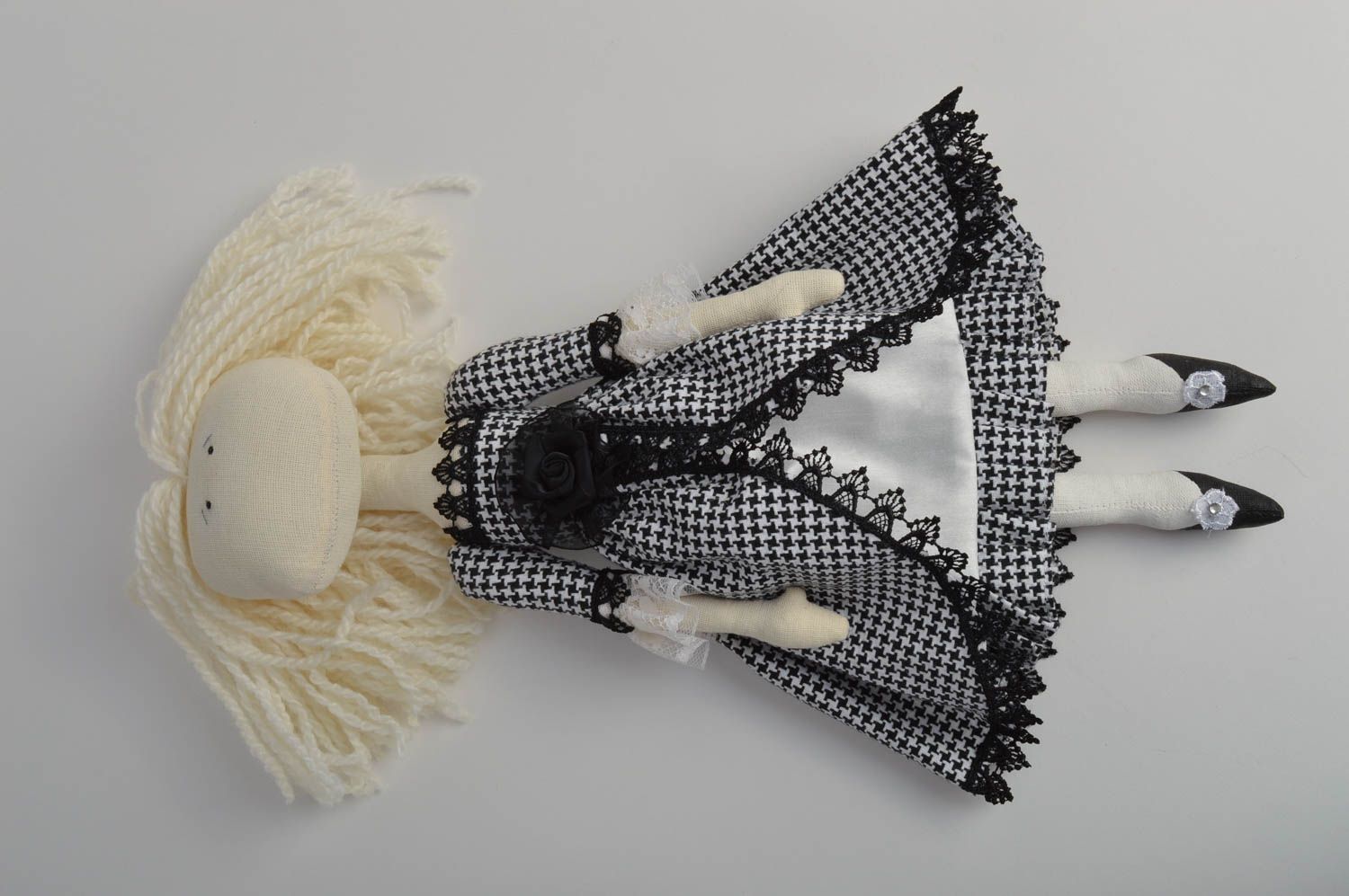 Handmade designer fabric soft doll girl in checkered black and white dress photo 2