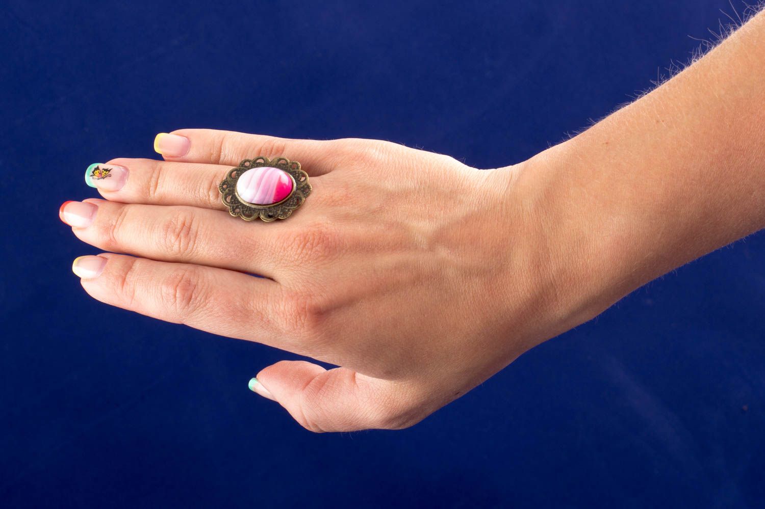 Pink ring with natural stone adjustable round with inside diameter 18 mm photo 4
