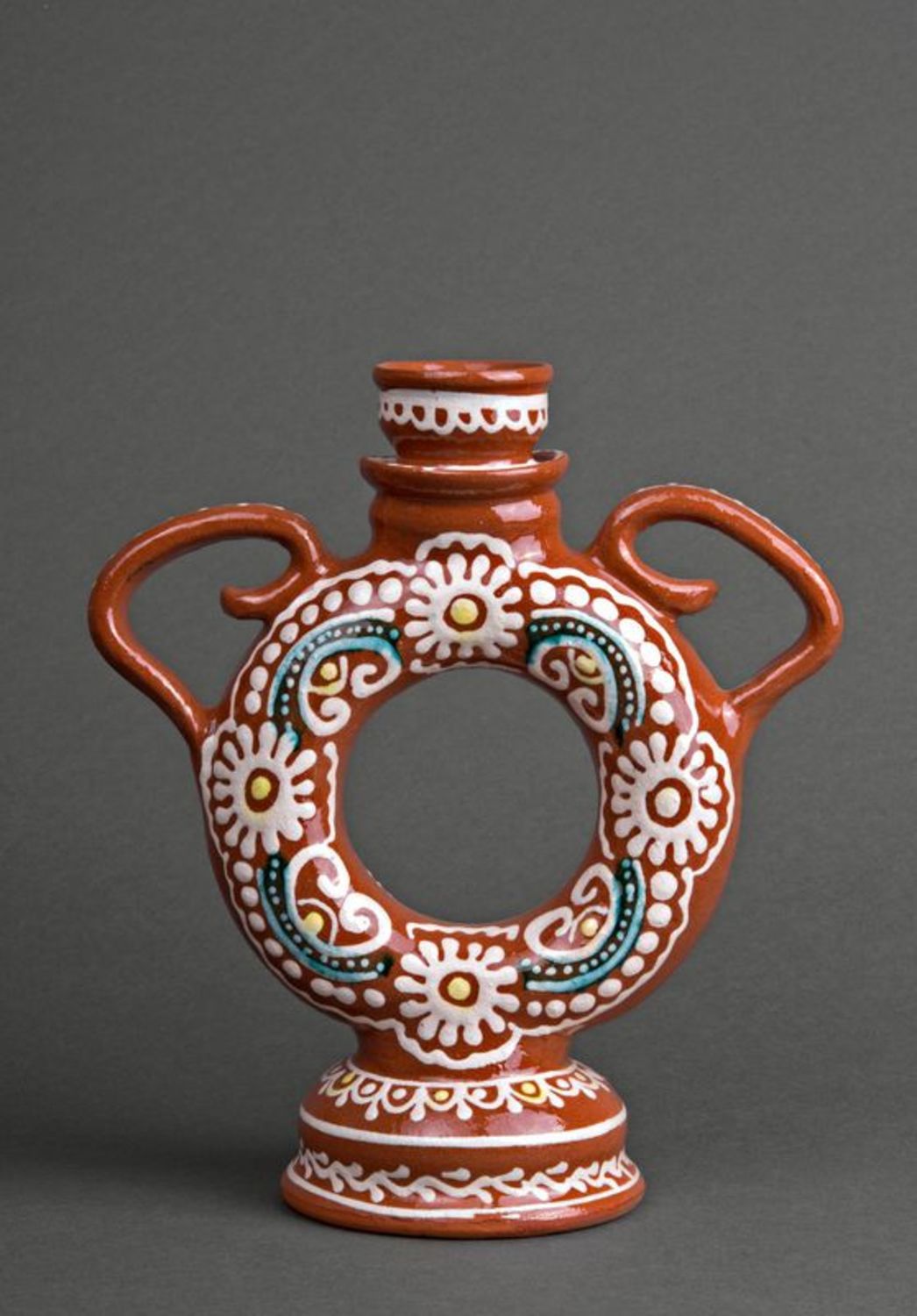 Handmade ceramic 30 oz decorative pitcher in circle shape wi two handles 1,46 lb photo 1
